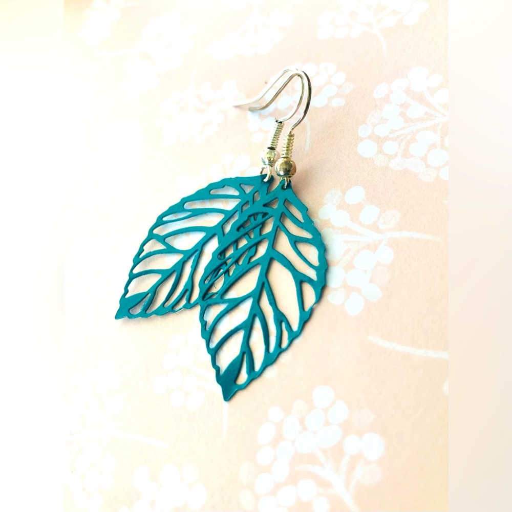 Teal Leaf Skeleton Earrings - New & arrive carded and packaged - 5 for $25